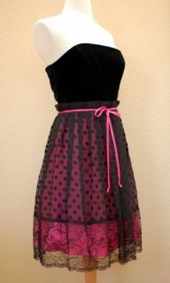 Betsey Johnson Dress Cocktail Formal Strapless Pink Black Silk Sz 8 M