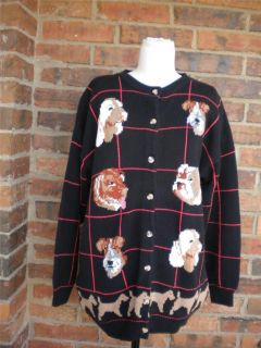 Jayson Younger Women Dogs Cardigan Sweater Size M L Made in Hong Kong