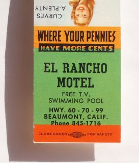 1960s Matchbook Sexy Pinup El Rancho Motel Curves Girl Beaumont CA