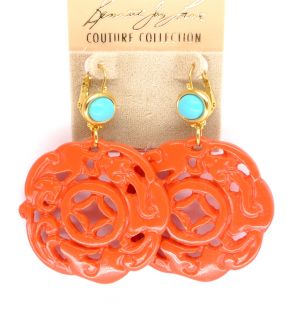 Kenneth Jay Lane KJL Coral Carved Deco Design Earrings