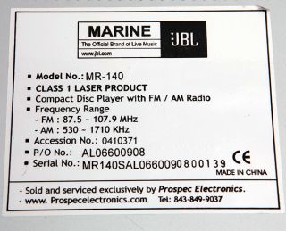 JBL Mr 140 Silver Marine Am FM CD Stereo not Tested as Is