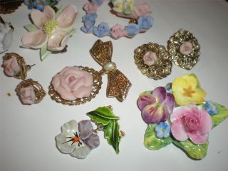 Vintage Bone China England Flower Pins Earrings Ceramic Lot Free