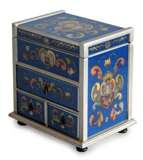 Blue Heart Hand Reverse Painted Glass Jewelry Box Chest