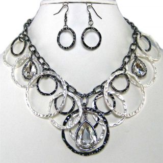  Circle Crystal Silver Costume Jewelry Earrings Necklace Set