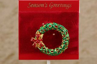 14k Gold EP Green Filigree Wreath Christmas Holiday Pin