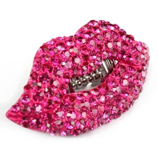 Hot Pink Rhinestone Stretch Cocktail Lips Kiss Ring