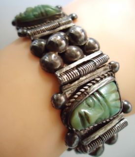 Vtg Repousse Early 1920s Jade Aztec Mexico Mexican Sterling Silver