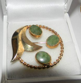  Christmas Wreath 12K Gold Filled Green Moss Agate Jade Brooch Catamore