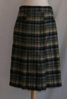  Von Furstenberg Pleated Plaid Wool Skirt 4 Small Green Brown