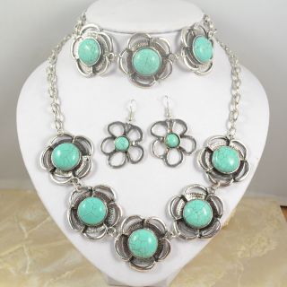  ptd Crystal Necklace Earring Owl Bird Turquoise Jewelry Set