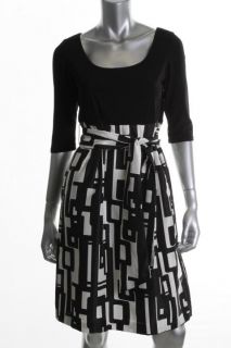 Jessica Howard New Black Ivory Pattern Pleated Scoop Neck Cocktail
