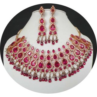 Indian Jewelry Set Hot Pink Diamond Cut Stone Bridal Necklace Earring