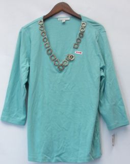 JM Collection Sz 1X 3/4 Sleeve Knit Top w/ Embellished Neckline Blue