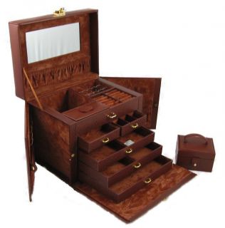 Beautiful Large Brown Leather Jewelry Box Case Lock w Key KS1