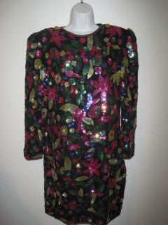 JOAN LESLIE WOMENS SILK BLACK DRESS WITH BRIGHT COLORED SEQUIN FLOWERS