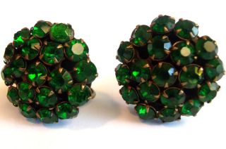 Vintage 1940s Jade Emerald Green Crystal Rhinestone Screw Back
