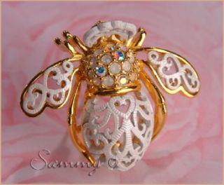 Joan Rivers Gold Opal Crystal White Lace Bride Bee Bug Pin