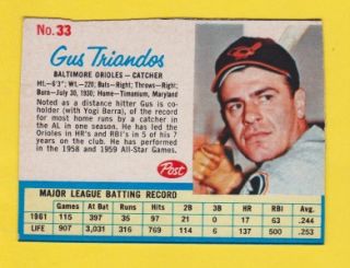 RARE Gus Triandos 33 Baltimore Orioles Vintage 1962 Post Baseball