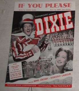 1943 Dixie Film Soundtrack Sheet Music 1 Bing Crosby Dorothy Lamour