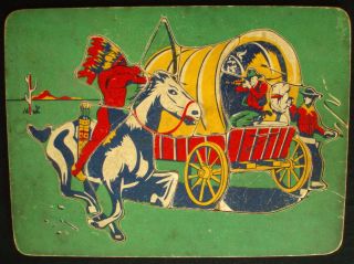 Joseph K Straus Tray Wooden Puzzle Cowboys Indian w Covered Wagon