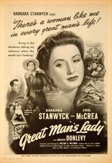 1942 Ad Western Barbara Stanwyck Joel McCrea Great Mans Lady Movie