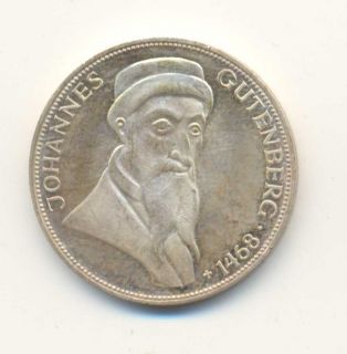 Germany Johannes Gutenberg Silver 5 Mark 1968 UNC