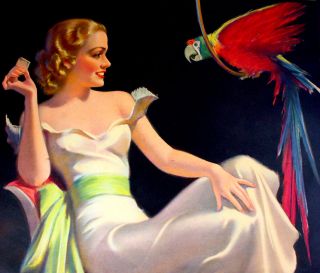 1938 Art Deco Bradshaw Crandell Pin Up Girl with Parrot Advertising