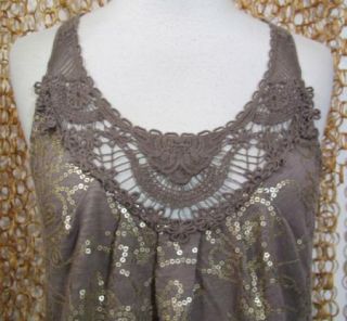 Keer Anthropologie Pretty Gold Sequin Embellished Brown Sleeveless