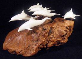 John Perry Pellucida Resin Cream Dolphin School Burlwood Sculpture Sea Mammal  