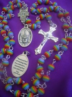 POPE JOHN PAUL ROSARY POPE with QUOTE on HOLY MEDAL RAINBOW BEADS CATHOLIC  