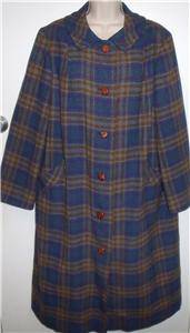 Vintage Pendleton virgin wool teal blue brown purple plaid 1960s long coat XL 16  