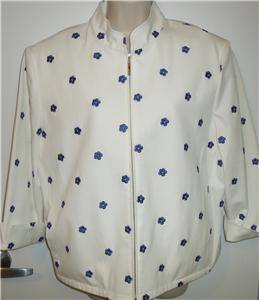 St John Sport Marie Gray white blue flowers zip jacket 3 4 sleeve womens XL  