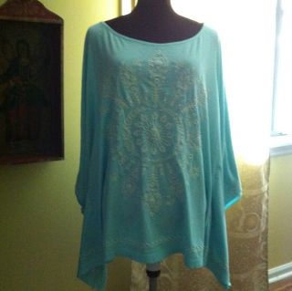 JOHNNY WAS JWLA Pale Blue Embroidered Poncho T Shirt Top Womens Sz Large NWT  