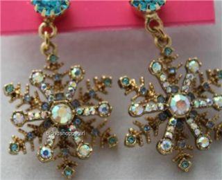 Betsey Johnson Blue Crystal Snowflakes Ice Angel Drop Earrings Princess Gold  