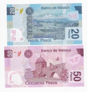 MEXICO 20 Pesos and 50 Pesos Polymer Banknotes 2008 2011 UNC  