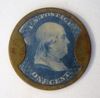 1 CENT ENCASED STAMP 1862 JOSEPH L BATES FANCY GOODS BOSTON  