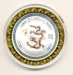 Chinese Year of The Dragon Silver with Gold Ring Collector Coin Token  