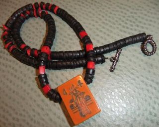 Red Coral Chips Bakelite mAh Jong Honor Tile Necklace  