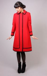 Vtg 60s Military Scarlet Black Princess Mod Wool Russian Maxi Dress Jackt Coat  