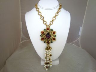 JOSE MARIA BARRERA Gold Gemstone Pearl Pendant Chain Necklace nwt 865  