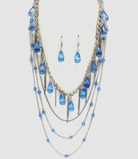 New blue festoon bib necklace pierced earrings set multi strand silvertone chain  