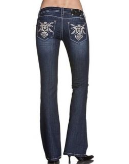 NWT Miss Me Size 28 Abstract Royal Emblem Boot Cut Lowrise Stretch Jeans JP5613B  