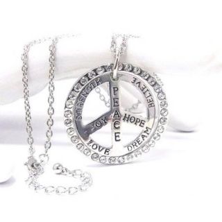 Peace Sign Necklace Clear Crystal Joy Hope Love Dream Believe Strenght BC  