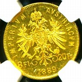 1889 Austria Gold Coin 20 Francs 8 FL NGC Cert Genuine Scarce AU 58 Fine Gem  