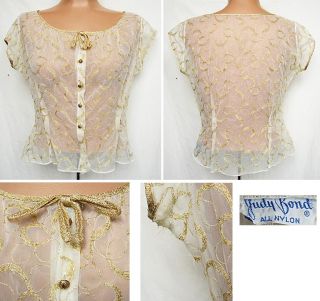 Vintage 1940s Sheer Nylon Blouse All Over Gold Embroidery JUDY BOND Lame Trim  