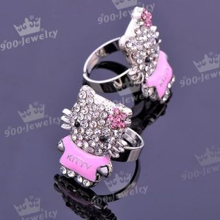 1x Pink Cat Cat Enamel Crystal Adjustable Fashion Finger Ring US6 5  