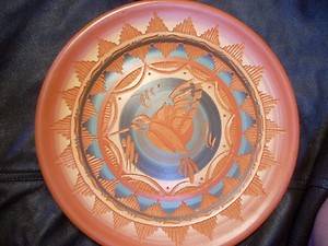 10" Hand Etched Hummingbird Plate Pottery by Navajo Artist Juanita Wilson  