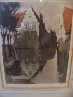 Vtg Julian Celos House on Canal Watercolor Print 100 500 Framed Art 13" x 15"  