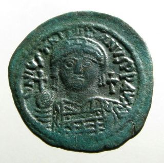 Justinian I AE Half Follis Helmeted Bust with Globus