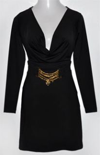 BABY PHAT KIMORA LEE Sexy BLACK Plunge Neck GOLD Detailed PARTY DRESS
